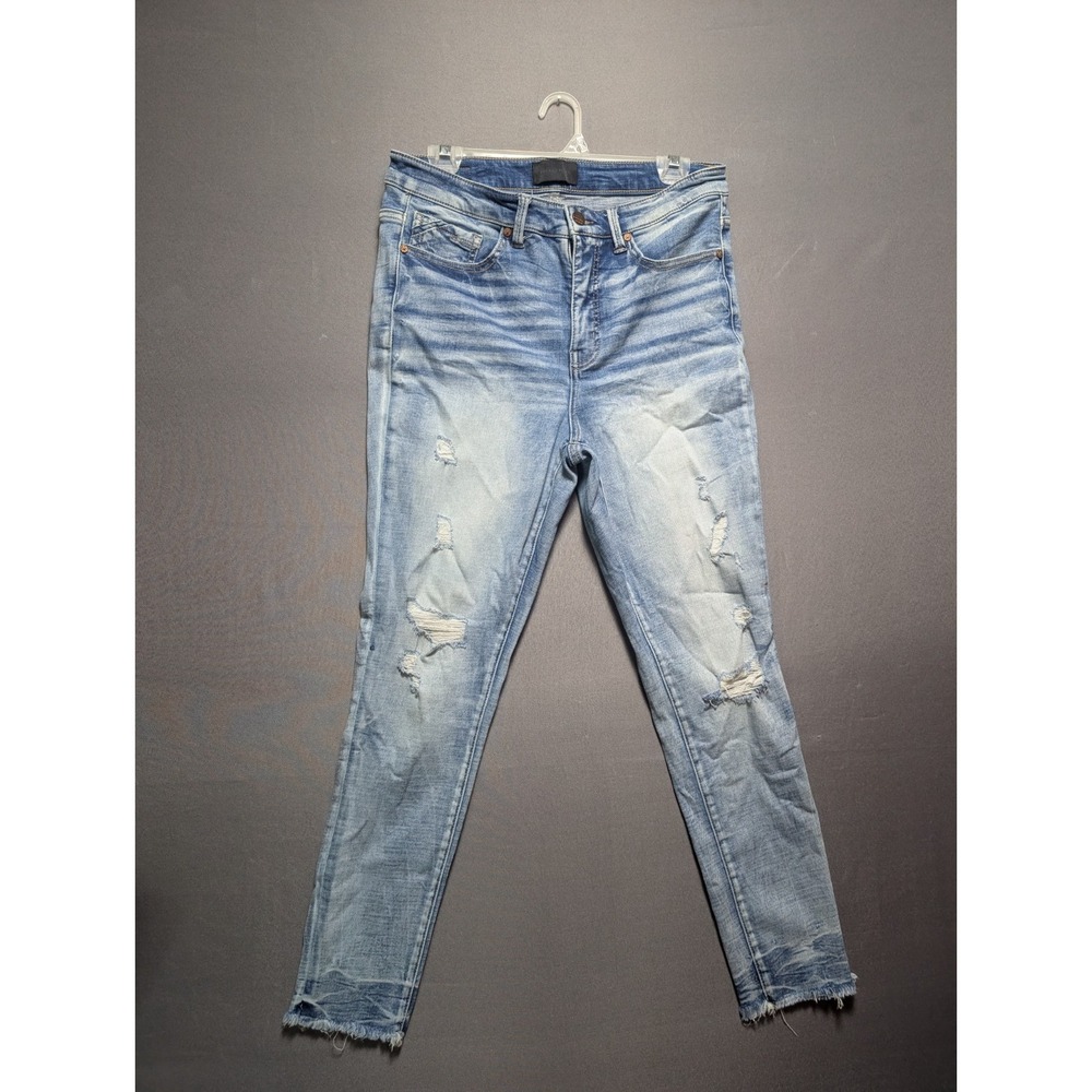 Buckle Black Ankle Skinny Jeans Women 29 Blue Denim Distressed Raw Hem High Rise